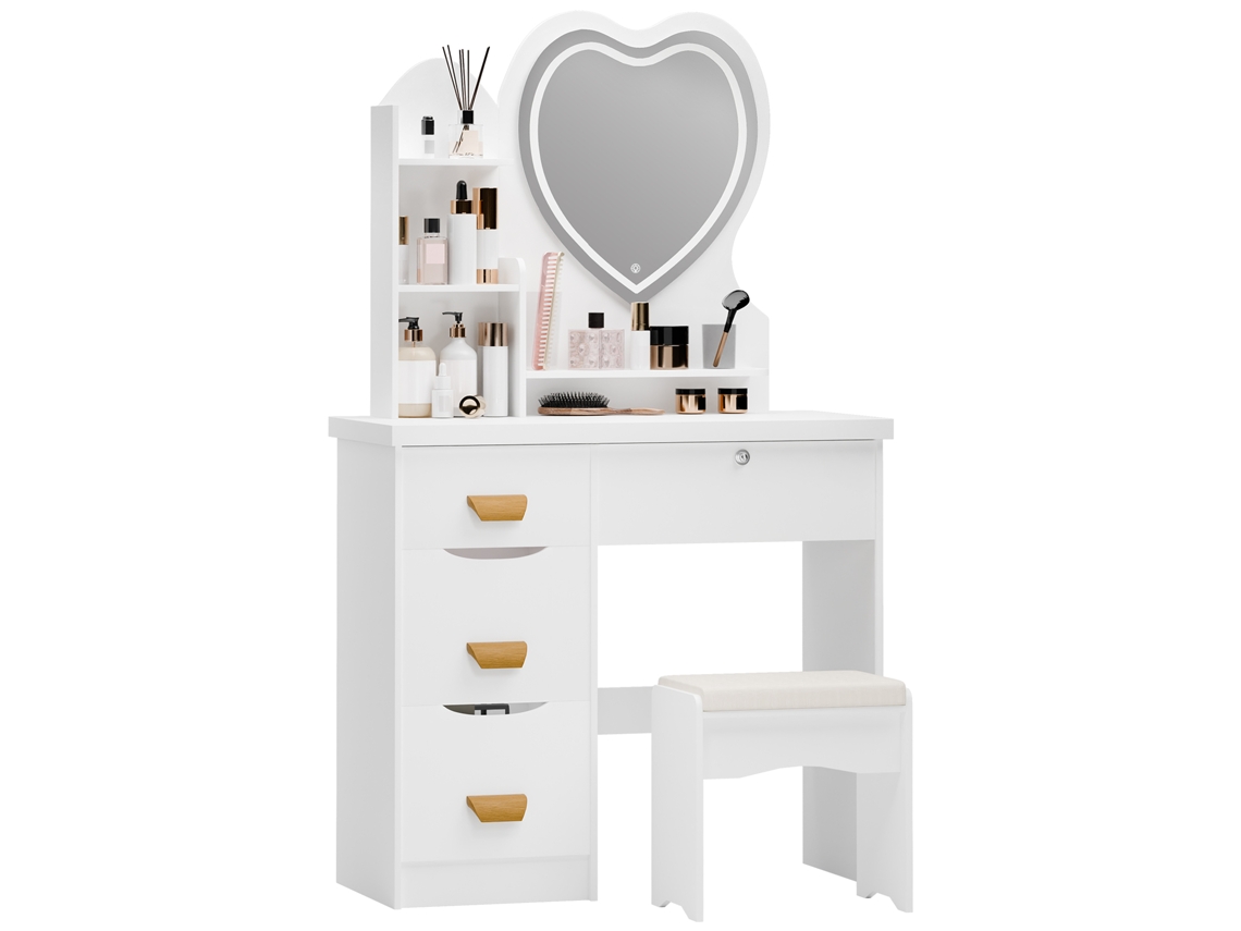 Toucadores Para Quarto Com Espelho Led Em Forma De Coração - Fianao - 3 Modos De Iluminação - 4 Gavetas - Banco Incluído - 80 X 40 X 135 Cm