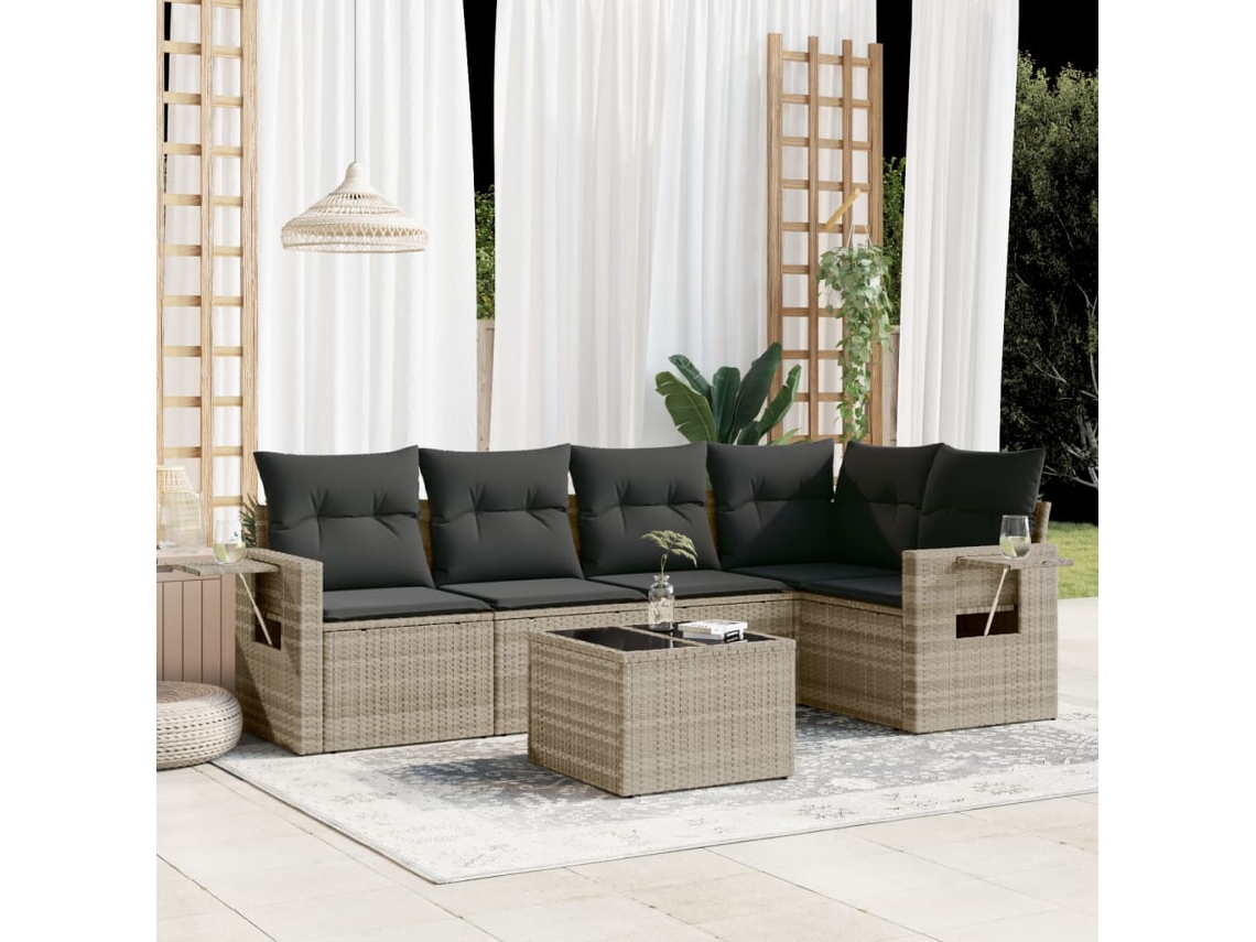 Vidaxl 6 Pcs Conj. Sofás Jardim com Almofadões Vime Pe Cinzento claro