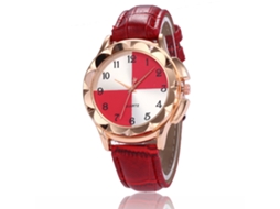 Relógio feminino Zhoulianfa de quartzo com pulseira de couro PU e mostrador bicolor vermelho.
