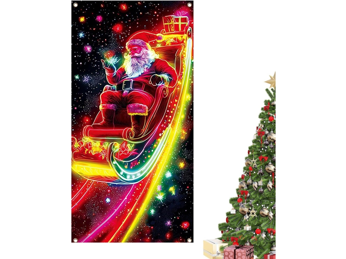 Capa De Porta De Entrada Do Papai Noel 90x180 Cm Com Decoração Fluorescente Uv |