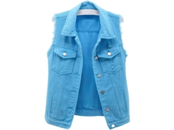 2026 chaleco Vaquero Crop para Mulher Sem Mangas com Botões e Rasgões Casual Primavera Verão Outono Xx grande Céu Azul