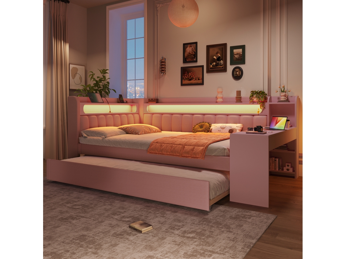 Sofá-cama Estofado De 140x200 Cm Com Portas Usb E Faixa De Led, Com Cama Auxiliar E Escrivaninha, Rosa.