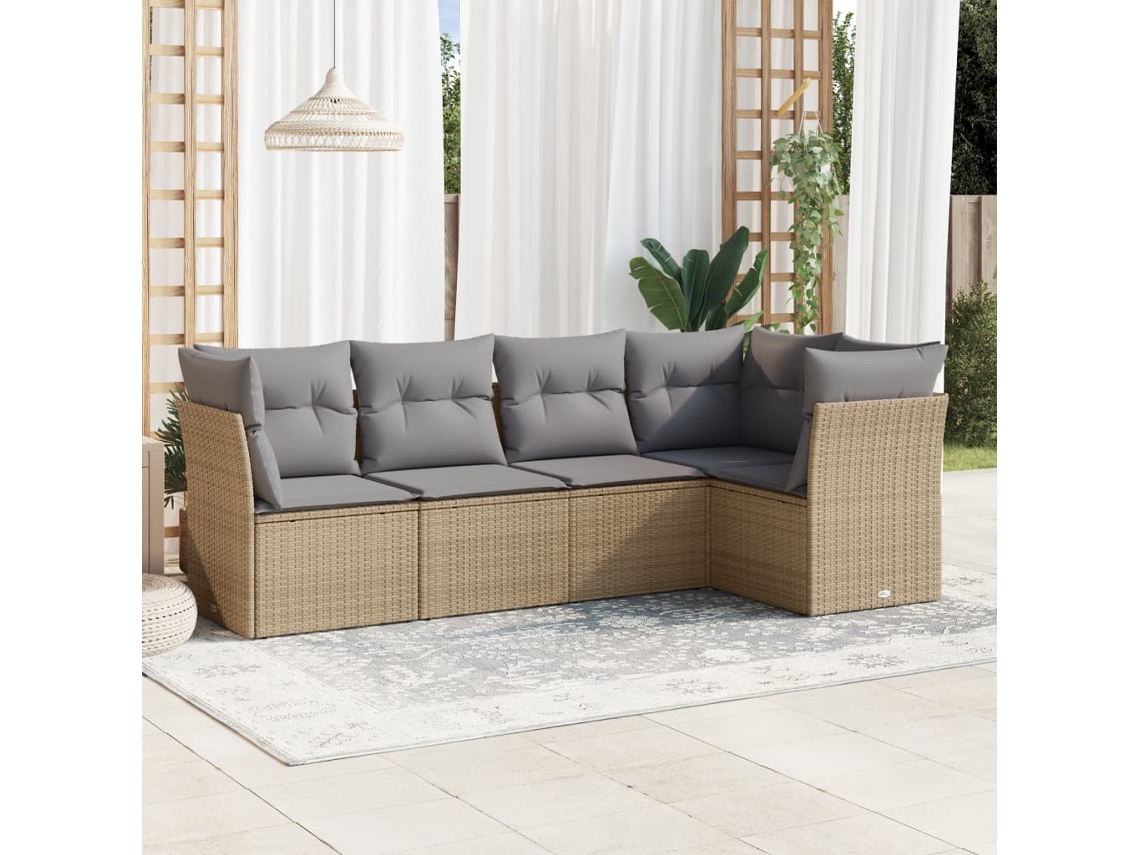 Vidaxl 5 Pcs Conjunto De Sofás P/ Jardim Com Almofadões Vime Pe Bege