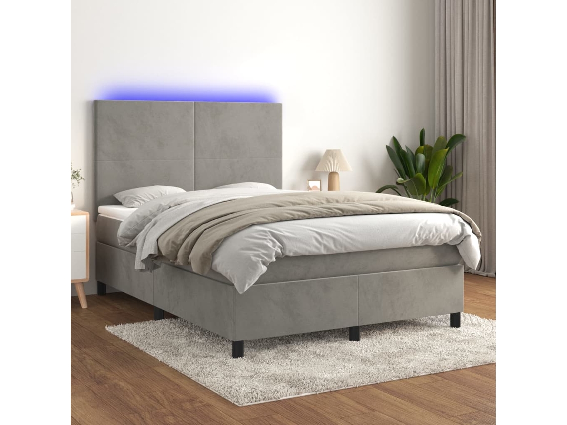 Vidaxl Cama Box Spring C/ Colchão/led 140x190 Cm Veludo Cinzento