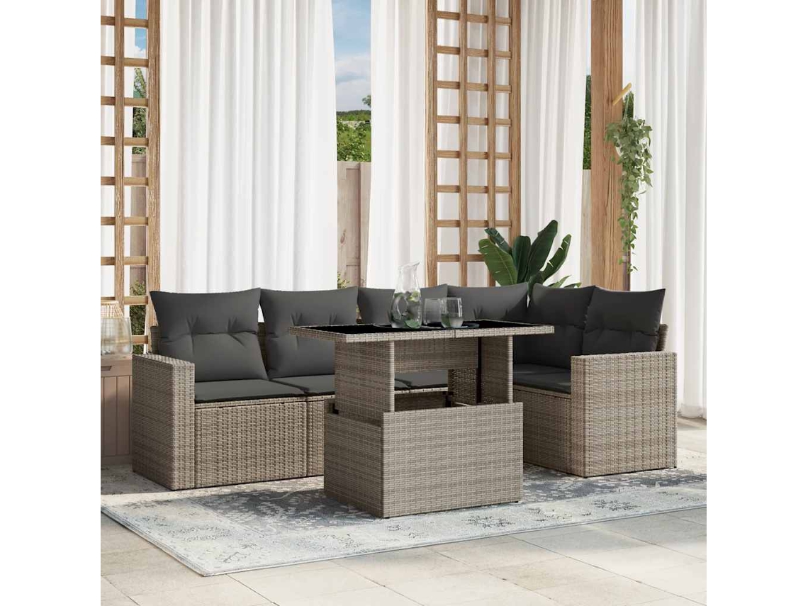 Vidaxl 6 Pcs Conj. Sofás Jardim Com Almofadões Vime Pe Cinzento-claro