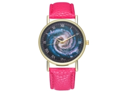 Relógio de quartzo com pulseira de couro PU, mostrador moderno, tema Universo, numerais romanos, unissex, vermelho/rosa.