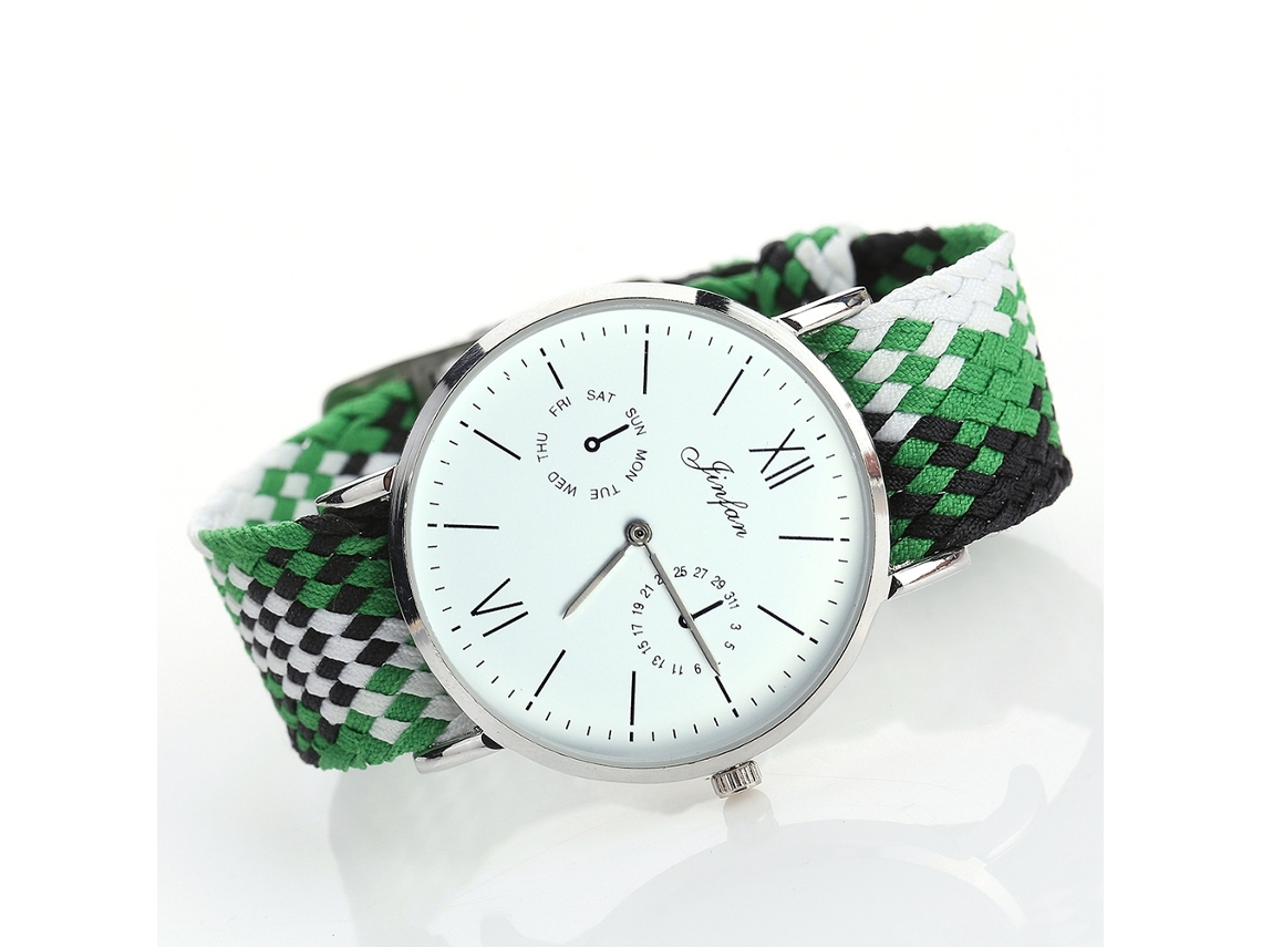Relógio de Pulso Étnico de Quartzo com Pulseira Tecida Unissex Branco Verde