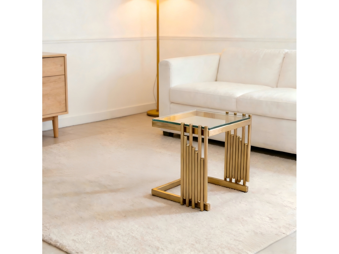 Mesa Auxiliar Quadrada Vidro Dourado 32cm Acabamento Luxo