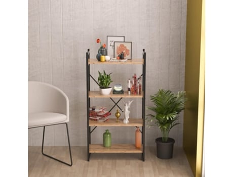 Estante Industrial Casa Basics, 66 X 34 X 150 Cm, Com 4 Prateleiras Em Metal Preto E Madeira Natural Estante, Organizadora, Multiuso