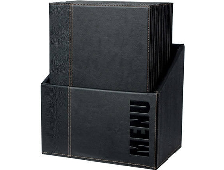 Conjunto Caixa + 20 Capas de Menu A4  Trendy Preto (Pele Sintética - 35 x 28 x 20 cm)