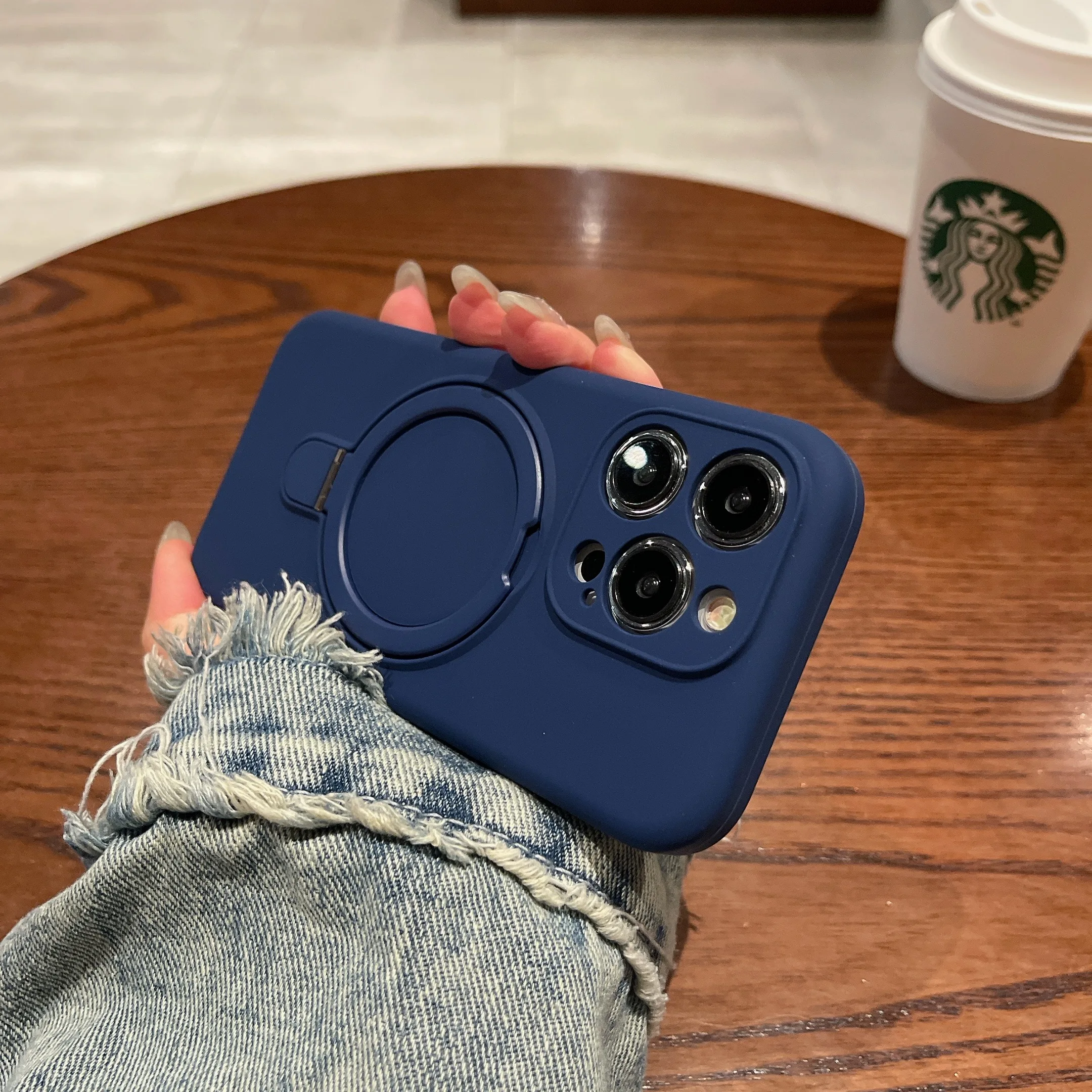 Capa De Celular Com Suporte Magnético Em Silicone Líquido (azul Brilhante) Para Iphone 15 Pro Max