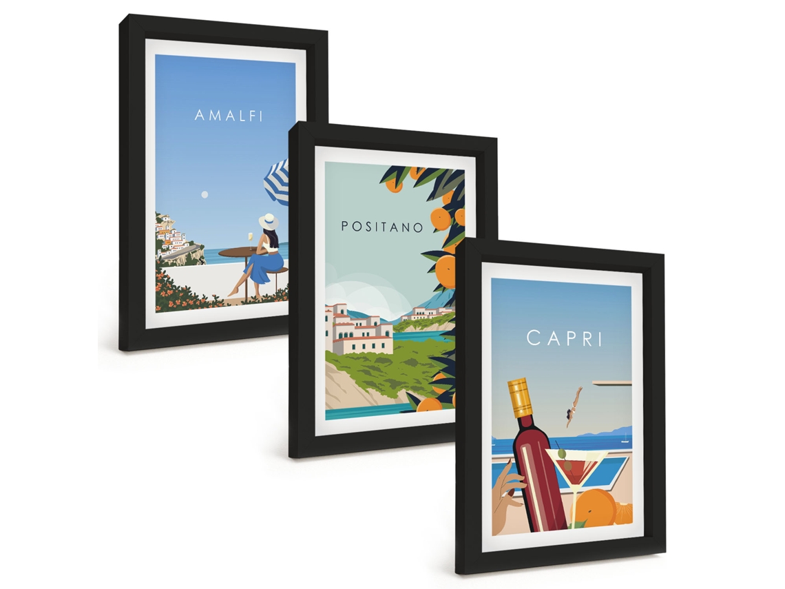 Galeria De Pinturas Muraisamalfi, Positano E Capri Moldura Preta Fotos Para O Escritório Espelharte (3 Peças 20x30 Cm)
