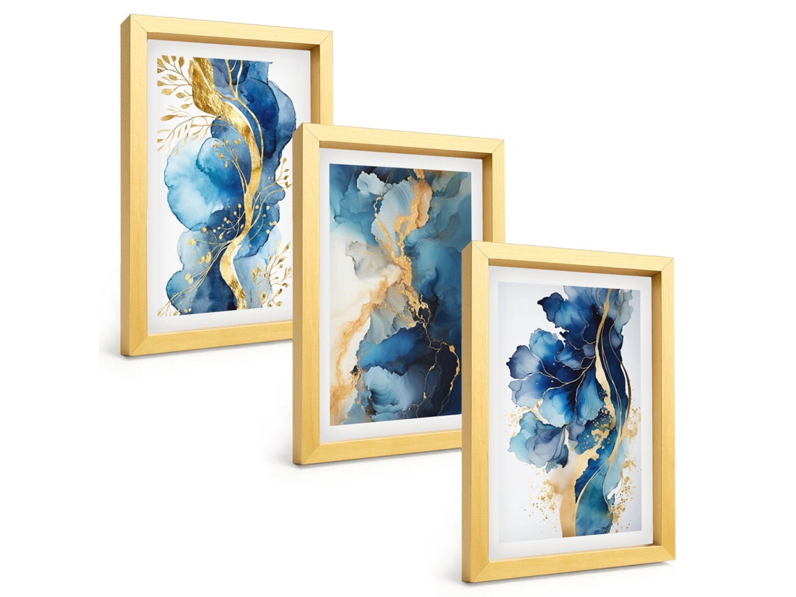 Composição De Quadrospadrões Abstratos Azuis Moldura Dourada Imagens Para Um Quarto Infantil Espelharte (3 Peças 20x30 Cm)