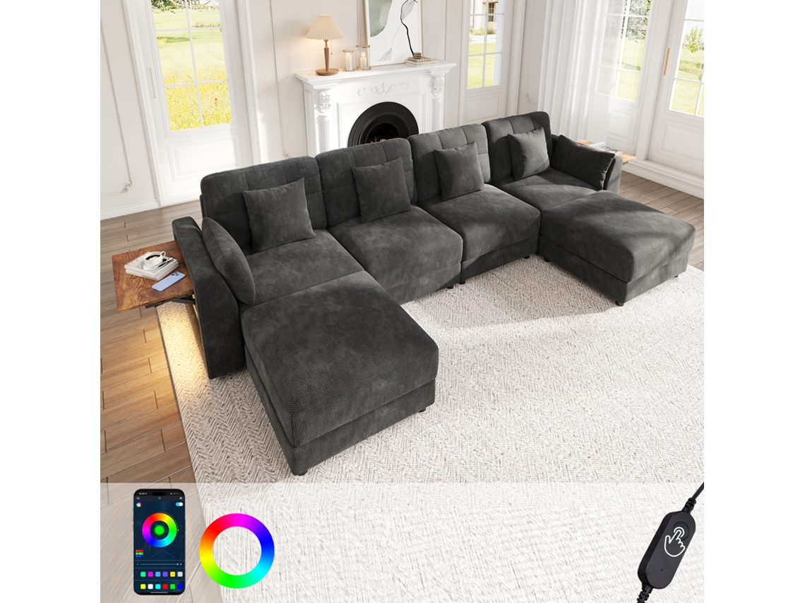 Sofá Modular U/l Com 2 Pufes Móveis, Iluminação Led, Mesa De Apoio Rebatível E 6 Almofadas, Cinzento