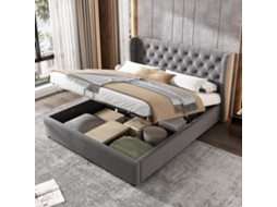 Cama Casal 140x190 Veludo Cinza Com Mecanismo Hidráulico E Armário