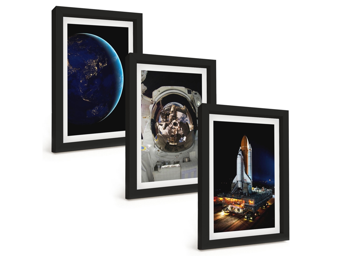 Conjunto De Pinturas Espaço, Terra, Astronauta E Foguete Moldura Preta Quadros Para A Sala De Estar Espelharte (3 Peças 20x30 Cm)