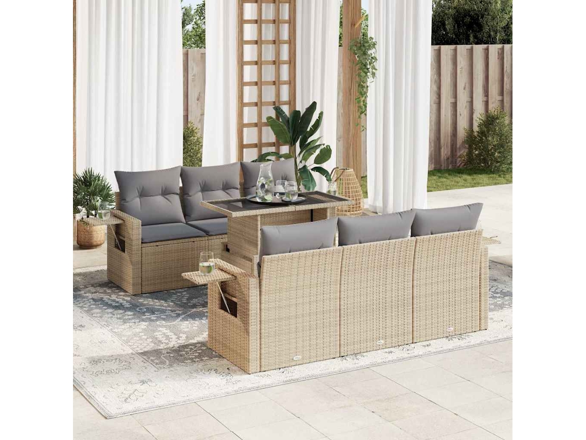 Vidaxl 7 Pcs Conjunto De Sofás P/ Jardim Com Almofadões Vime Pe Bege