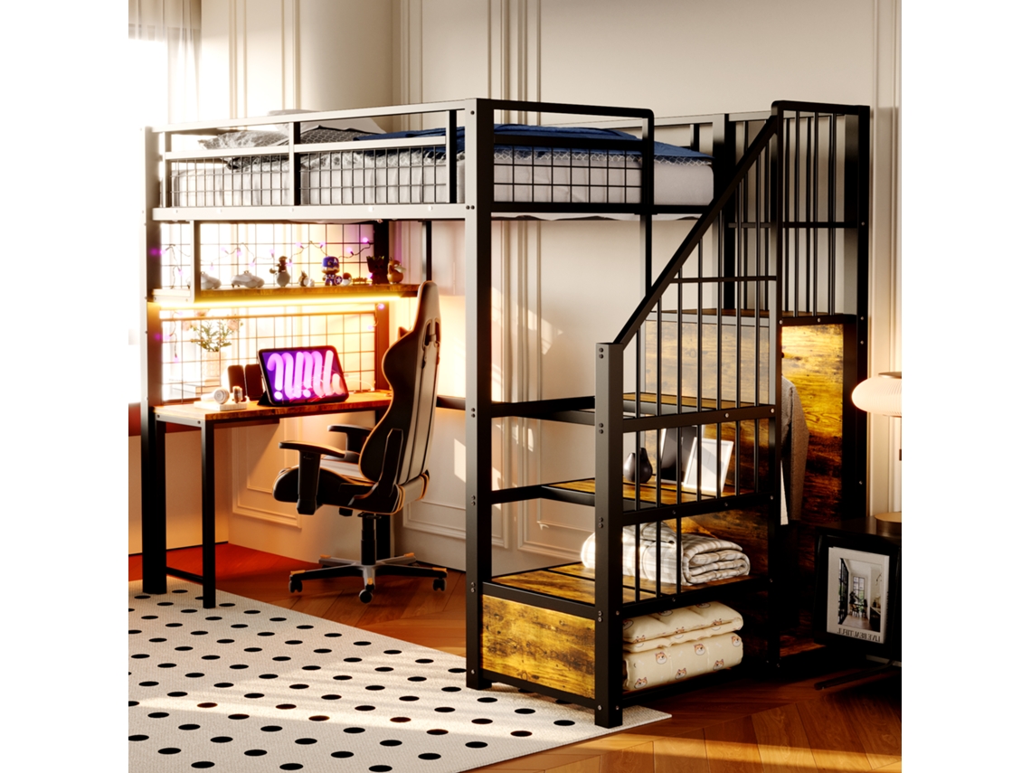 Cama De Metal 90x200cm Com Luz Estante Gabinete Escrivaninha Preta