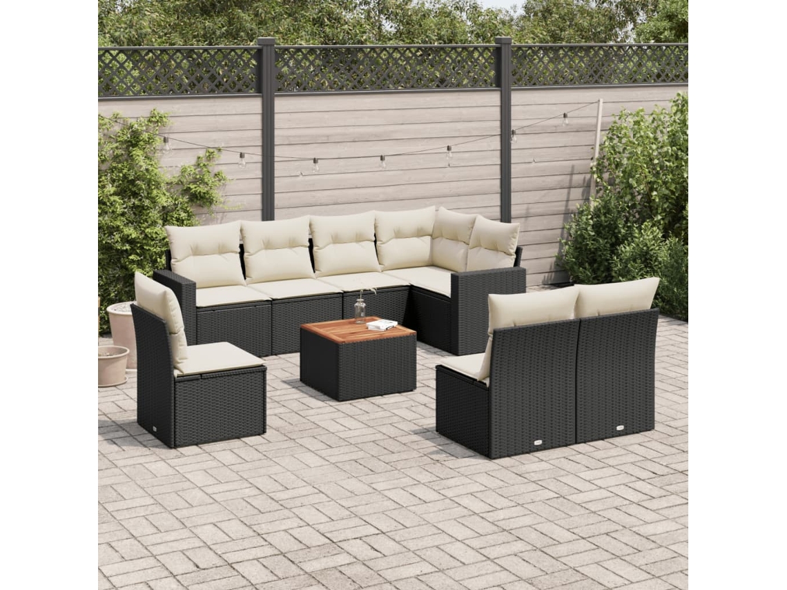 Vidaxl 9 Pcs Conjunto De Sofás P/ Jardim C/ Almofadões Vime Pe Preto