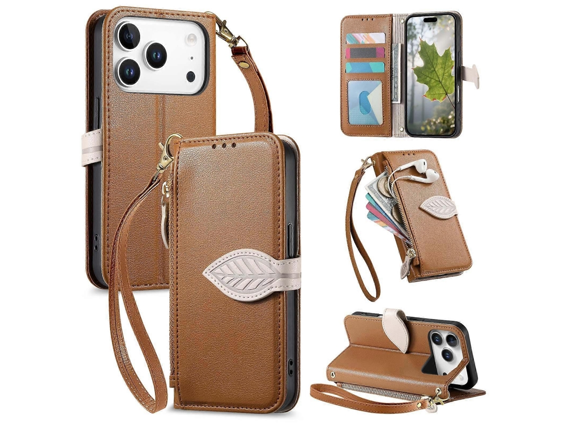 Capa Carteira De Couro Com Zíper E Fivela Em Formato De Folha, Com Alça, Para Iphone 17 Pro Max.