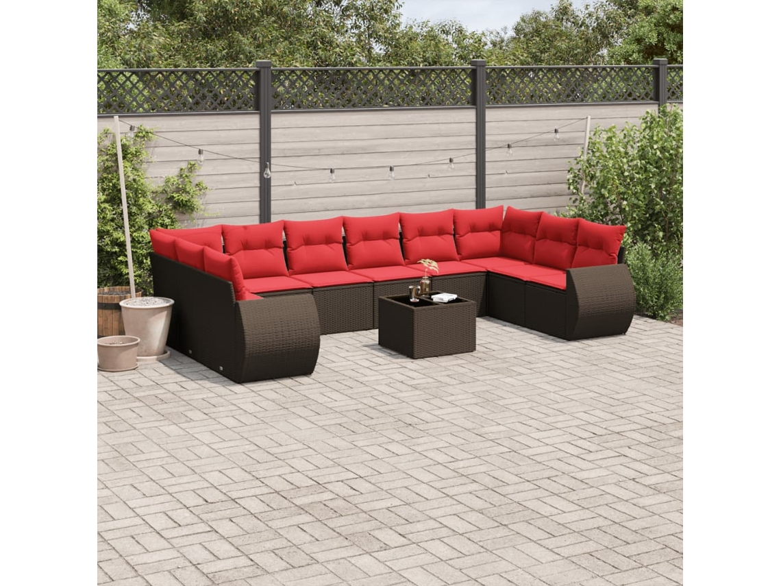 Vidaxl Conjunto De Sofá De Jardim Com 11 Peças E Almofadas Em Rattan Sintético Marrom