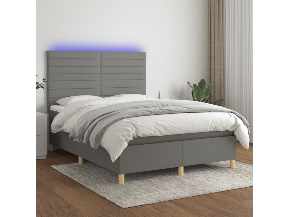 Cama Box Spring C/ Colchão E Led 140x190 Cm Tecido Cinza-escuro