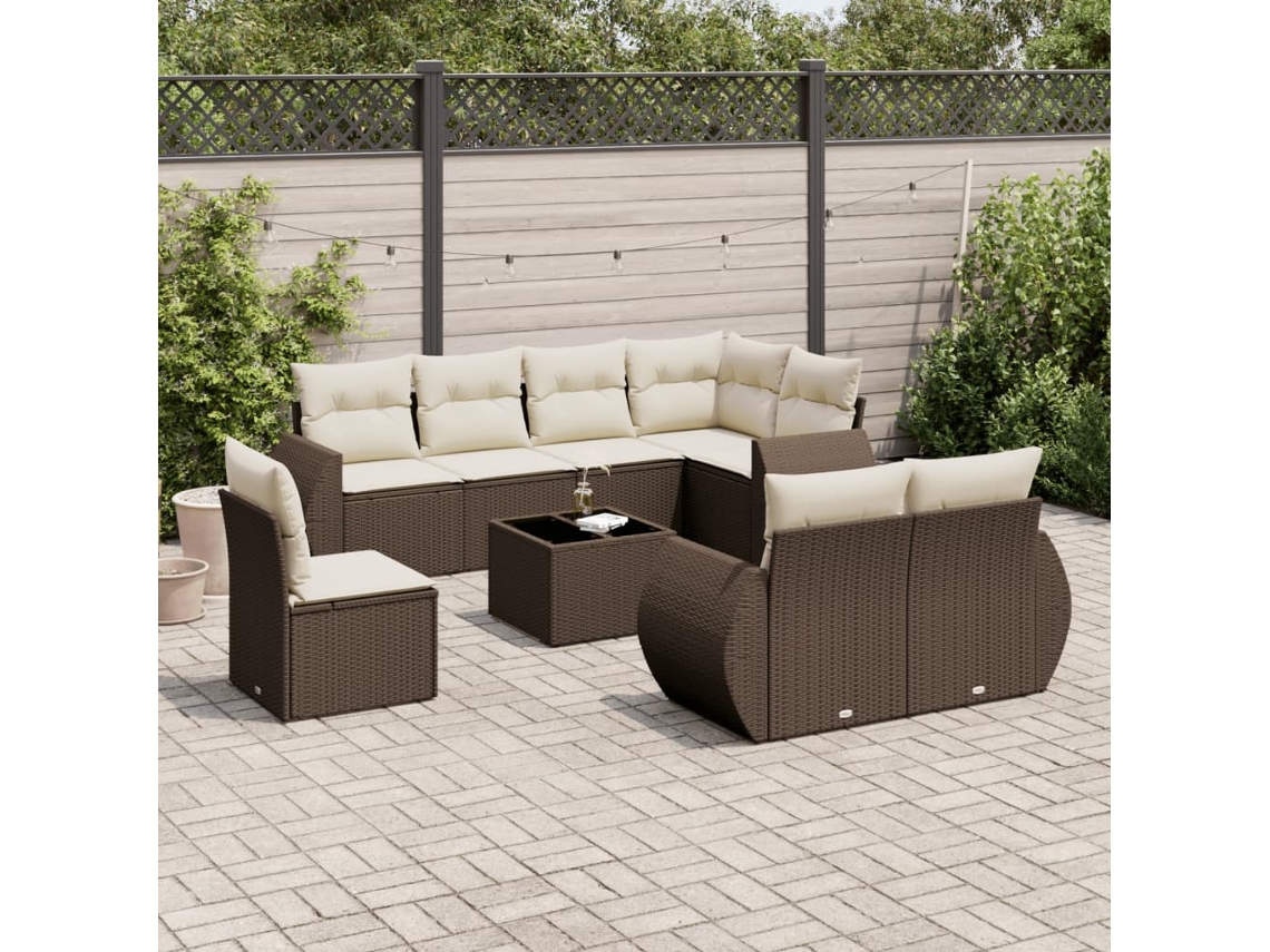 Vidaxl 9 Pcs Conjunto Sofás P/ Jardim C/ Almofadões Vime Pe Castanho