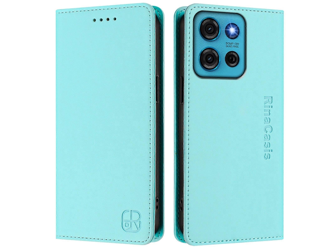 Capa De Couro Para Motorola Moto G75 5g Rinacasis Rc01 Com Suporte Tipo Carteira E Bloqueio Rfid, Verde Menta