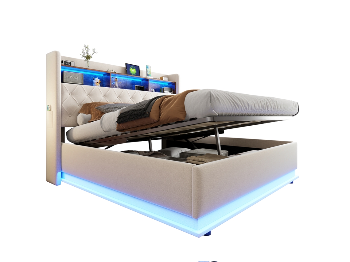 Cama estofada led 180x200cm com armazenamento, Usb, sistema hidráulico, tecido de linho macio bege, ideal para seu quarto PAPRIKA