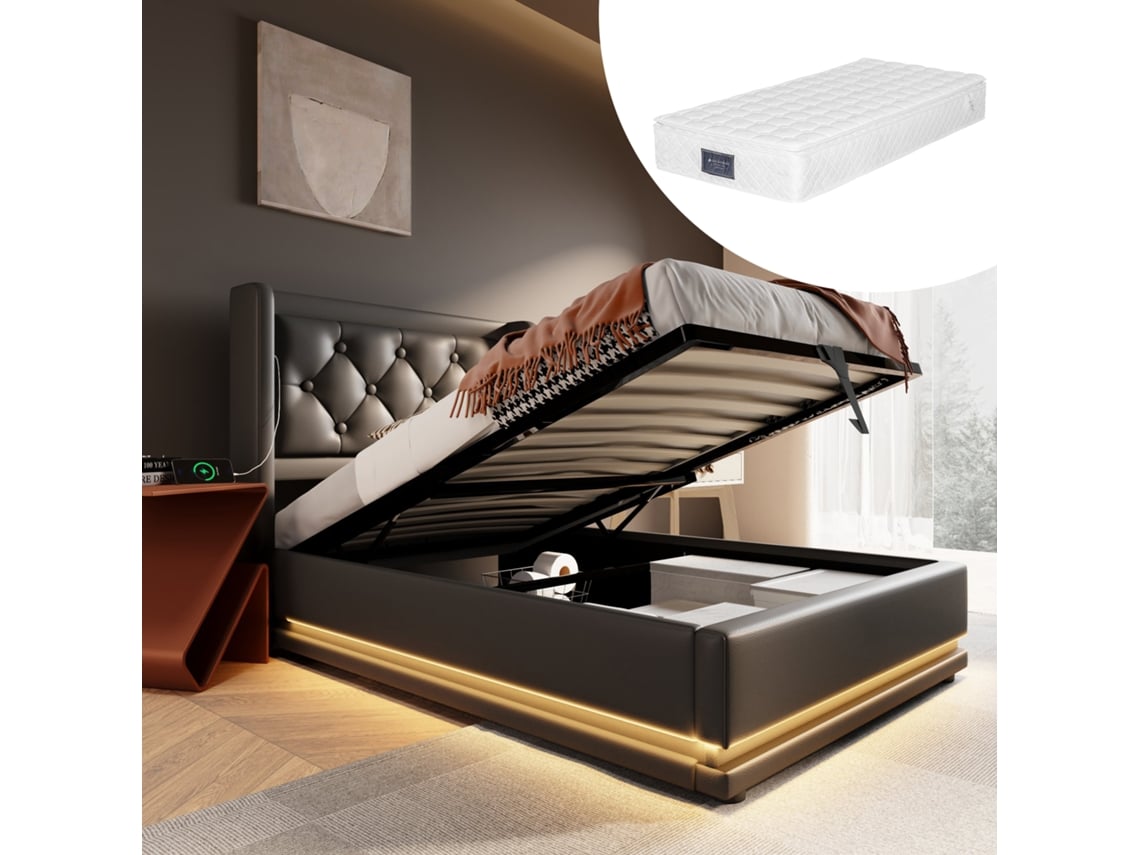 Cama 90x200 Pu Preto Com Led Usb-c E Colchão
