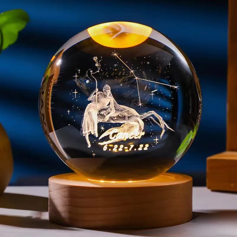 Bola de Cristal de 6,8cm com Doze Constelações, Base de Madeira com Led MDUG (câncer 8x8cm com Luz)