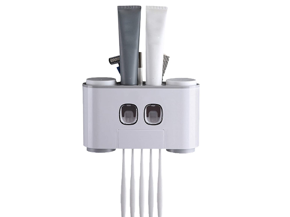 Escova de Dentes Multifuncional Montada na Parede e Kit de Espremedor com 2 Dispensadores Automáticos de Pasta de Dentes e 4 Copos JEDBESETZT