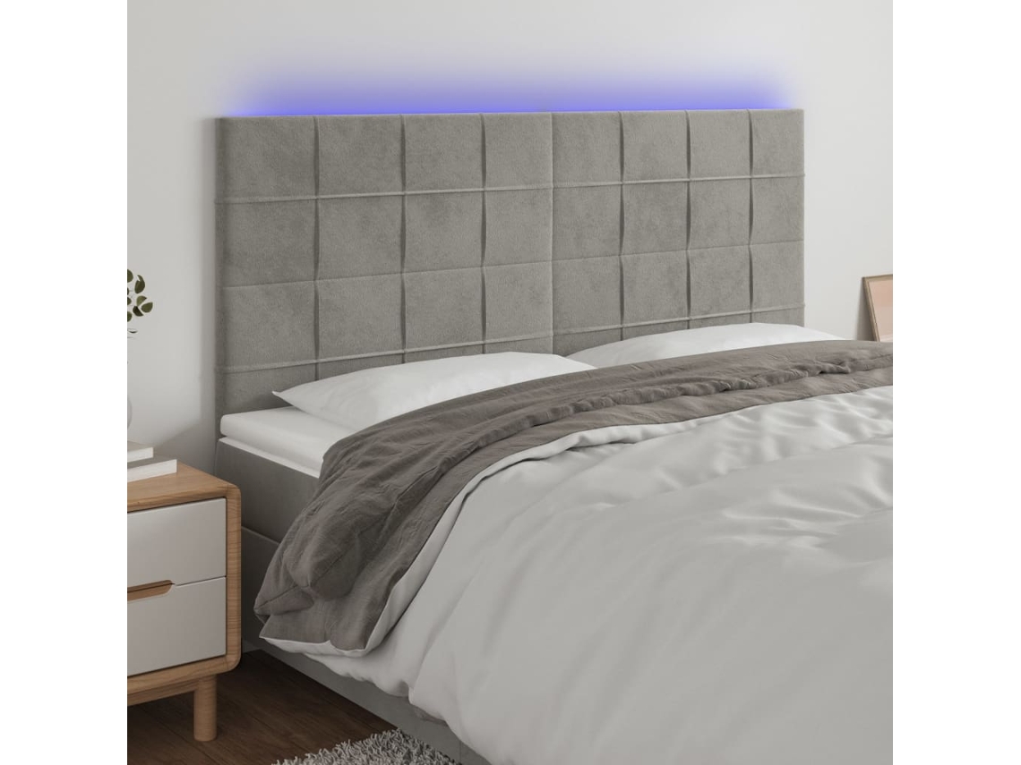 Vidaxl Cabeceira Cama C/ Luzes Led Veludo 200x5x118/128cm Cinza-claro