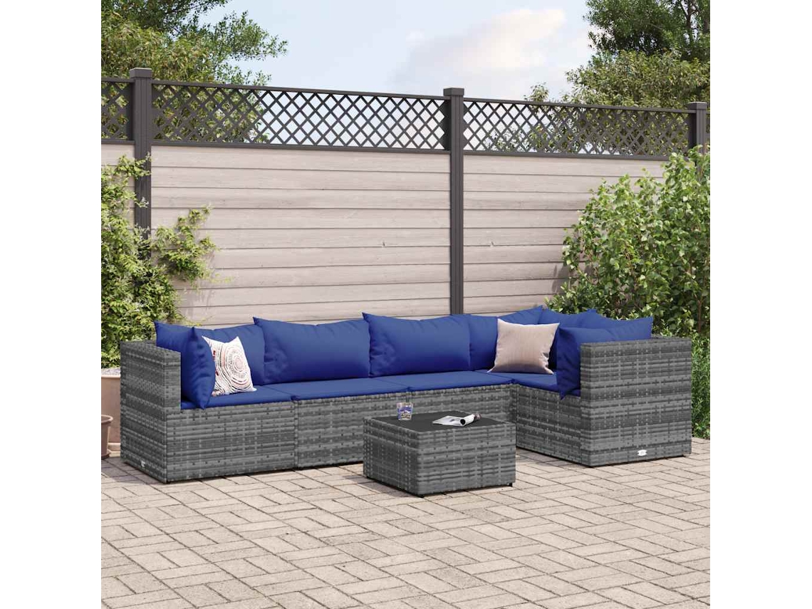 Vidaxl 6 Pcs Conjunto Lounge De Jardim C/ Almofadões Vime Pe Cinzento