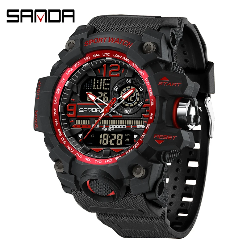 Relógio Esportivo MDUG masculino com display duplo digital de LED, resistente a choques e à prova d'água (vermelho)