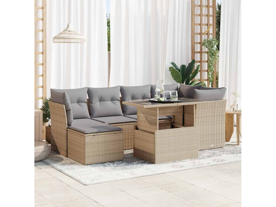 Vidaxl 7 Pcs Conjunto De Sofás P/ Jardim Com Almofadões Vime Pe Bege