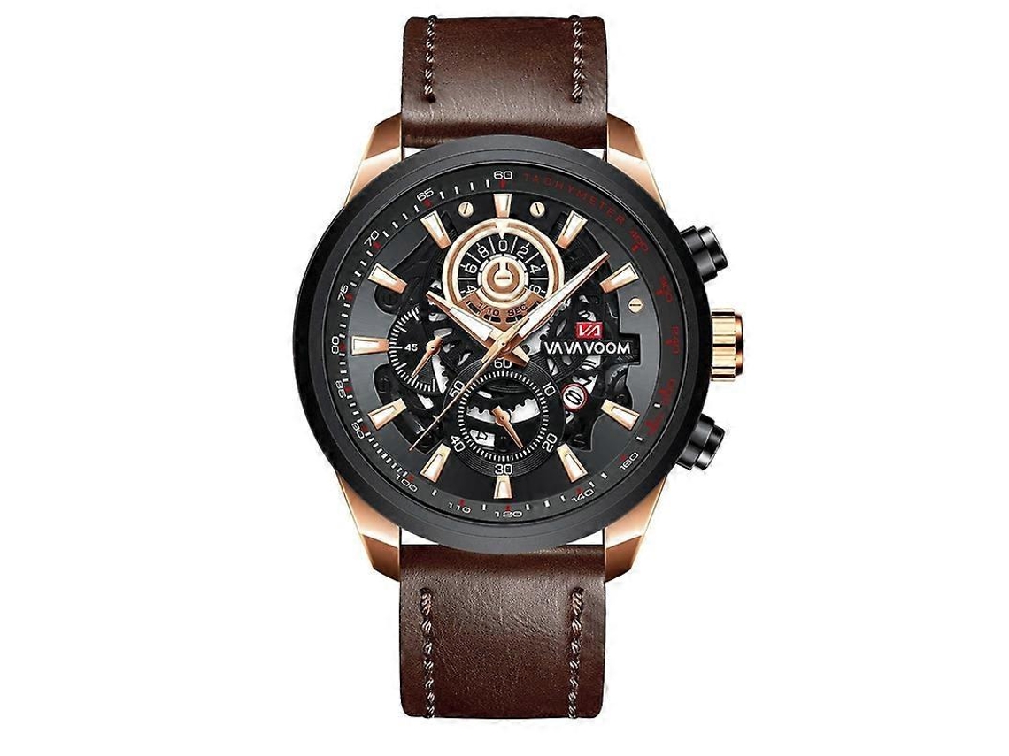 Relógio masculino casual Vava Voom 2311p Fk de quartzo oco com calendário luminoso, esportivo, à prova d'água, pulseira marrom, caixa em ouro rosa e pulseira marrom, Hengrongshen