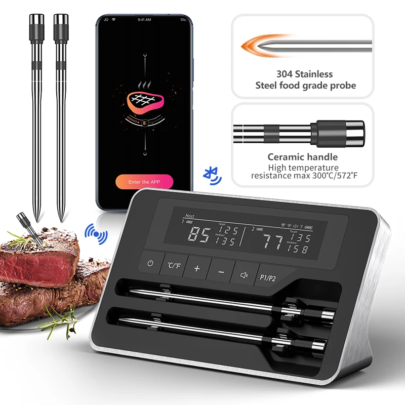 Termômetro Digital Sem Fio Bluetooth Para Alimentos (com 2 Sondas), Compatível Com Controle Por Aplicativo Móvel E Com Visor Lcd.