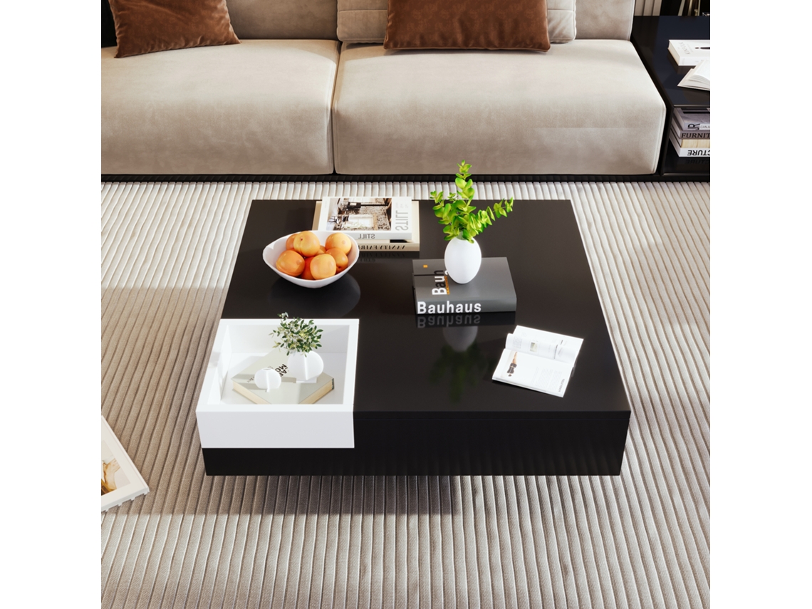 Mesa De Centro Moderna Branco E Preto Com Led E Compartimento Removível, Perfeita Como Mesa De Apoio Para Sala De Estar Bga Store