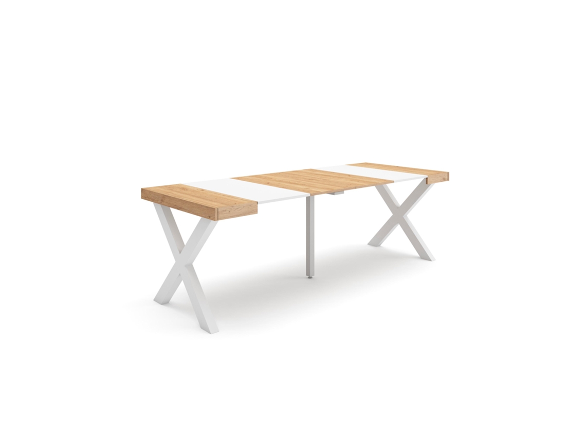 Mesa Consola Extensível, 222x90x77cm, Para 10 Pessoas, Pés De Madeira, Carvalho E Branco