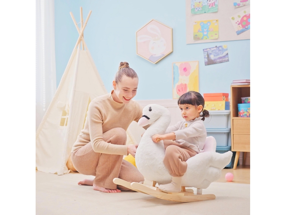 Jouet À Bascule Cygne À Bascule Pour Enfant De 18 Mois Et Plus Fonction Musique Pieds En Bois - Blanc Et Rose