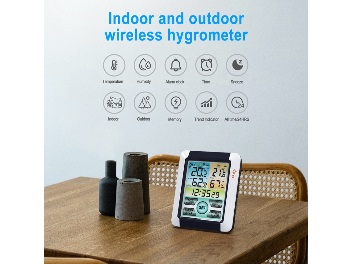 Yuru medidor de Temperatura e Umidade Interno Externo com Tela Touch Colorida, Luz de Fundo, Alarme e Visualização de Dados Históricos