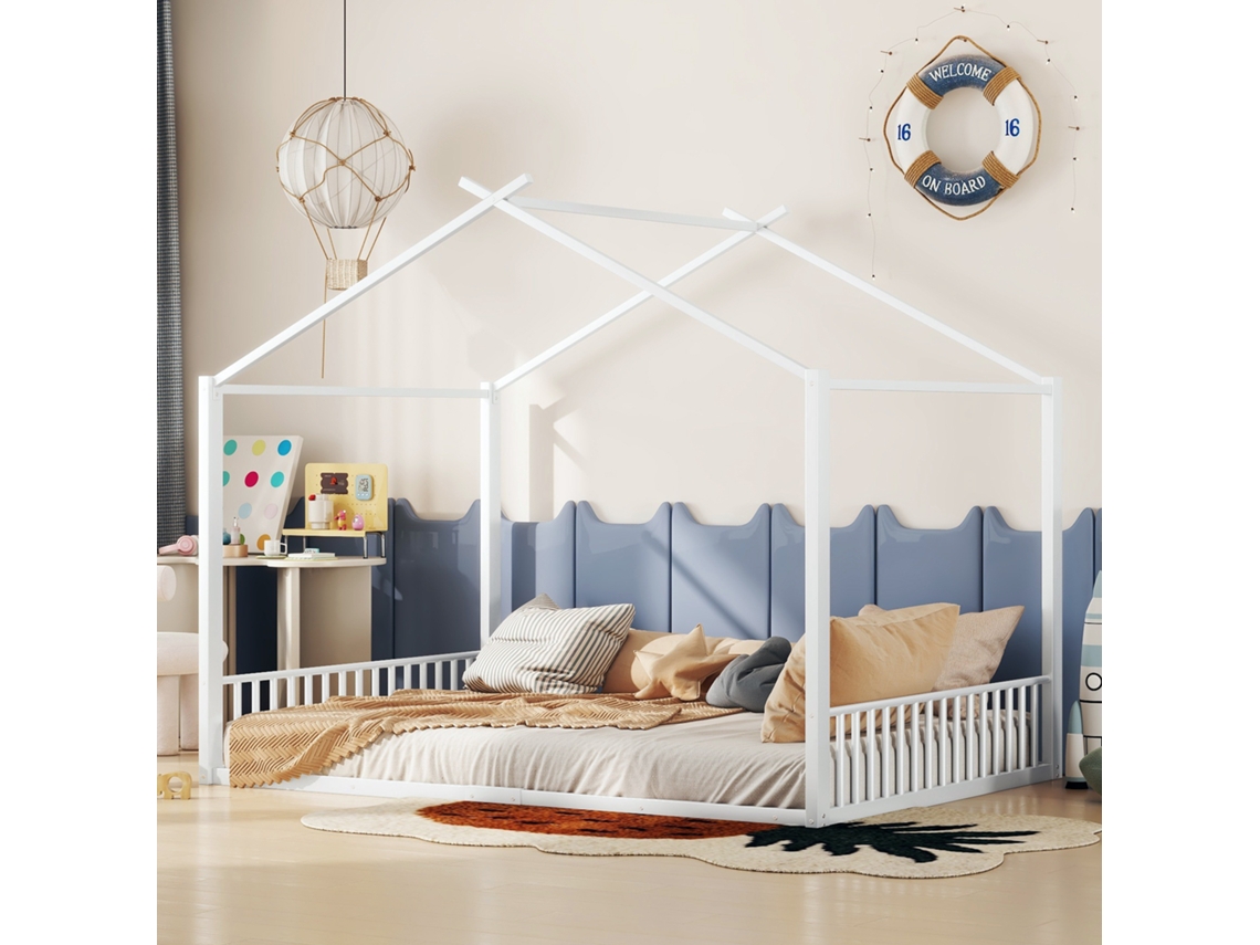 Cama 140x200 Casinha Infantil Metálica Ripas Branca VOLTEDGE