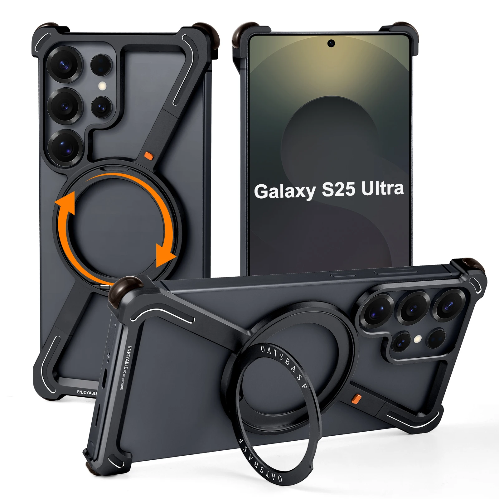 Capa Para Celular (galaxy S25 Ultra Preta), Suporte Magnético Giratório 360°, Capa Protetora De Metal Sem Moldura Para Carregamento Sem Fio.