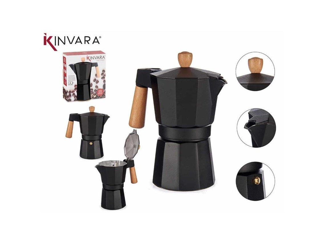 Cafetera aluminio negra asa madera 6t