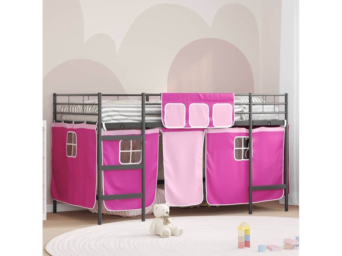 Vidaxl Estrutura de Cama Loft para Crianças com Cortinas Preto e Rosa
