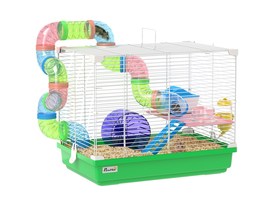 Gaiola de Hamster de 2 Andares com Túnel. Água Engarrafada. Roda. Pequena Casa. Escadas 46 X 30 X 37 Cm Verde Ge