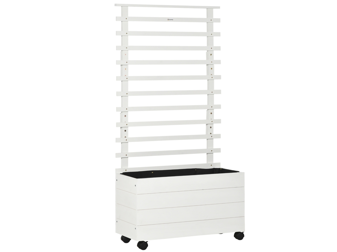 Vaso com Suporte de Treliça de Madeira Maciça com 4 Rodas em Treliça e Malha Geotêxtil 76x30x155 Cm Branco Ge