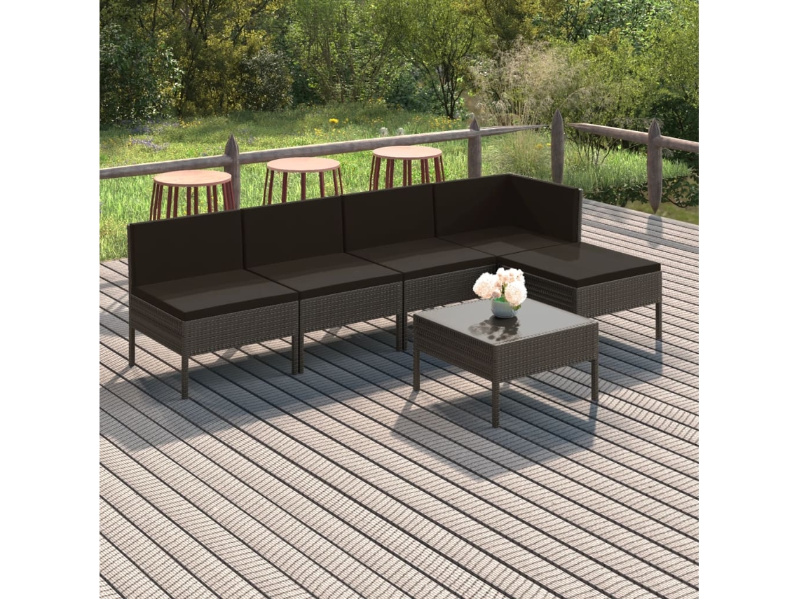 Vidaxl 6 Pcs Conjunto Lounge De Jardim C/ Almofadões Vime Pe Cinzento