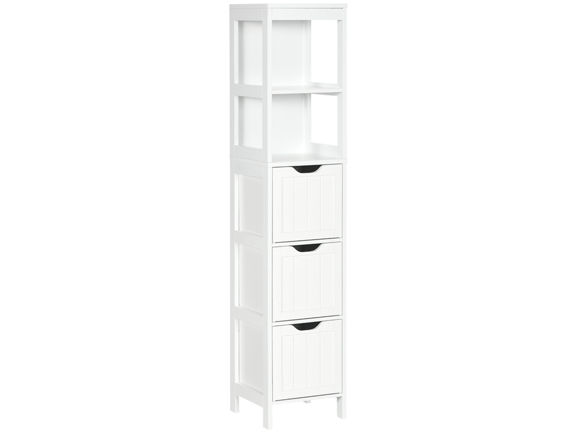 Armário Casa de Banho Estreito com 3 Gavetas e 2 Prateleiras Abertas, Estilo Moderno 30x30x141,6cm branco